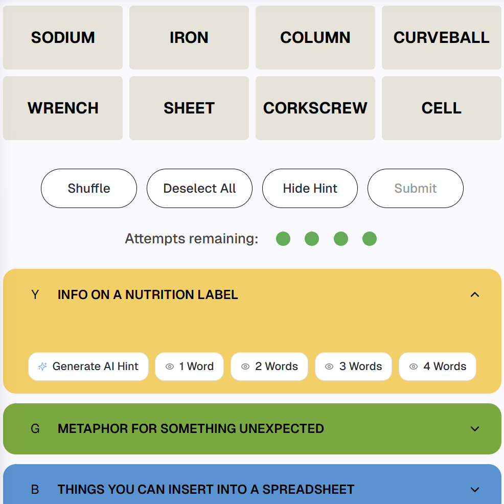 Connections game AI hint feature showing personalized hints